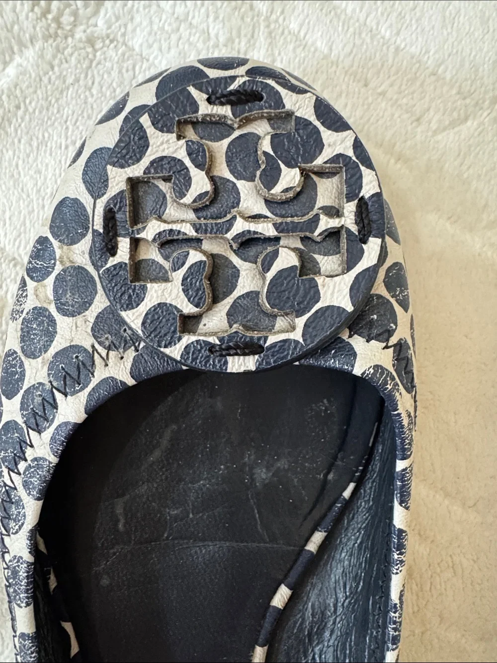 Tory Burch Navy Blue and White Logo Dot Ballet Flats
